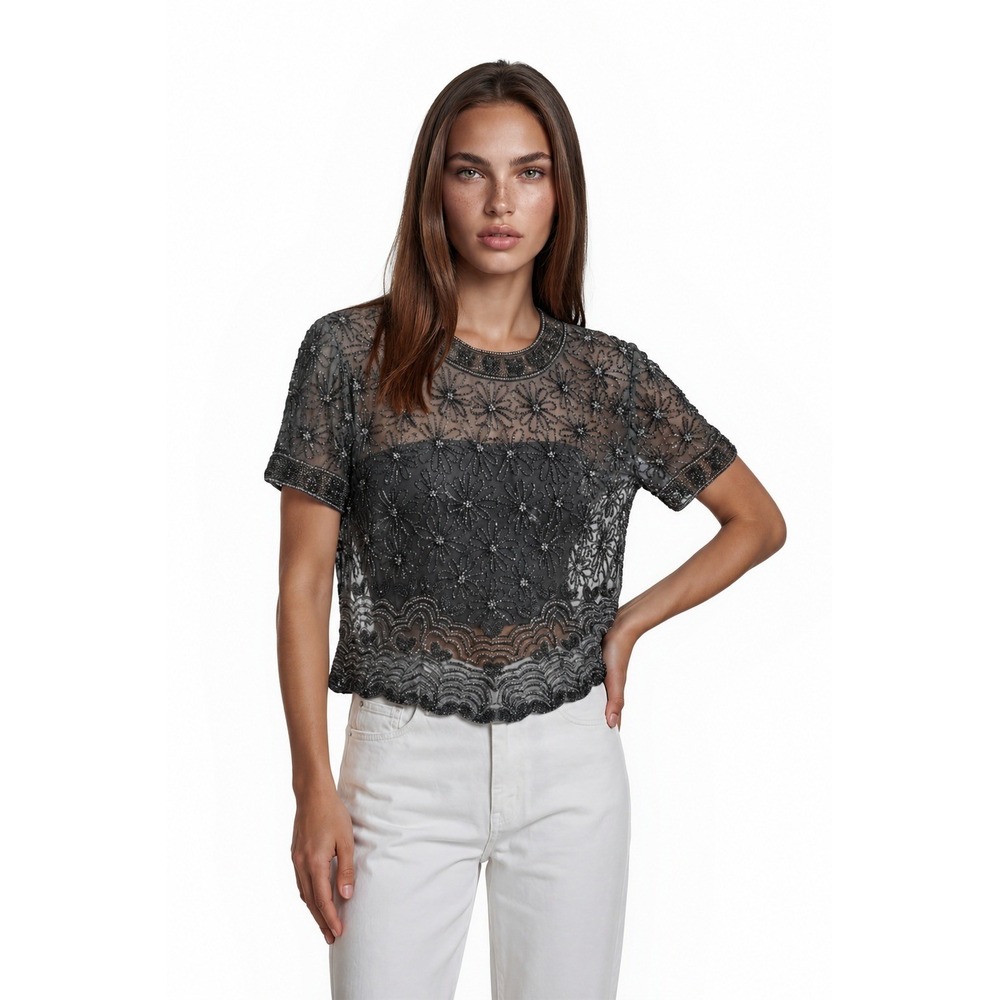 Papell Boutique Evening Blouse Top Women's Large Petite Vintage 100% Silk Beaded